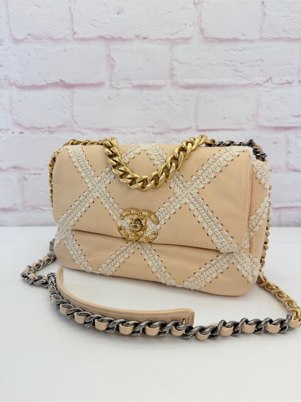 Chanel 19 Flap Medium Calfskin Crochet Shoulder Bag Beige
